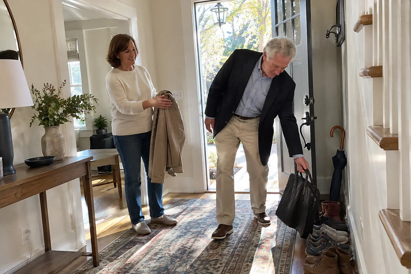 Older man setting his work bag by the front door while his spouse waits nearby.