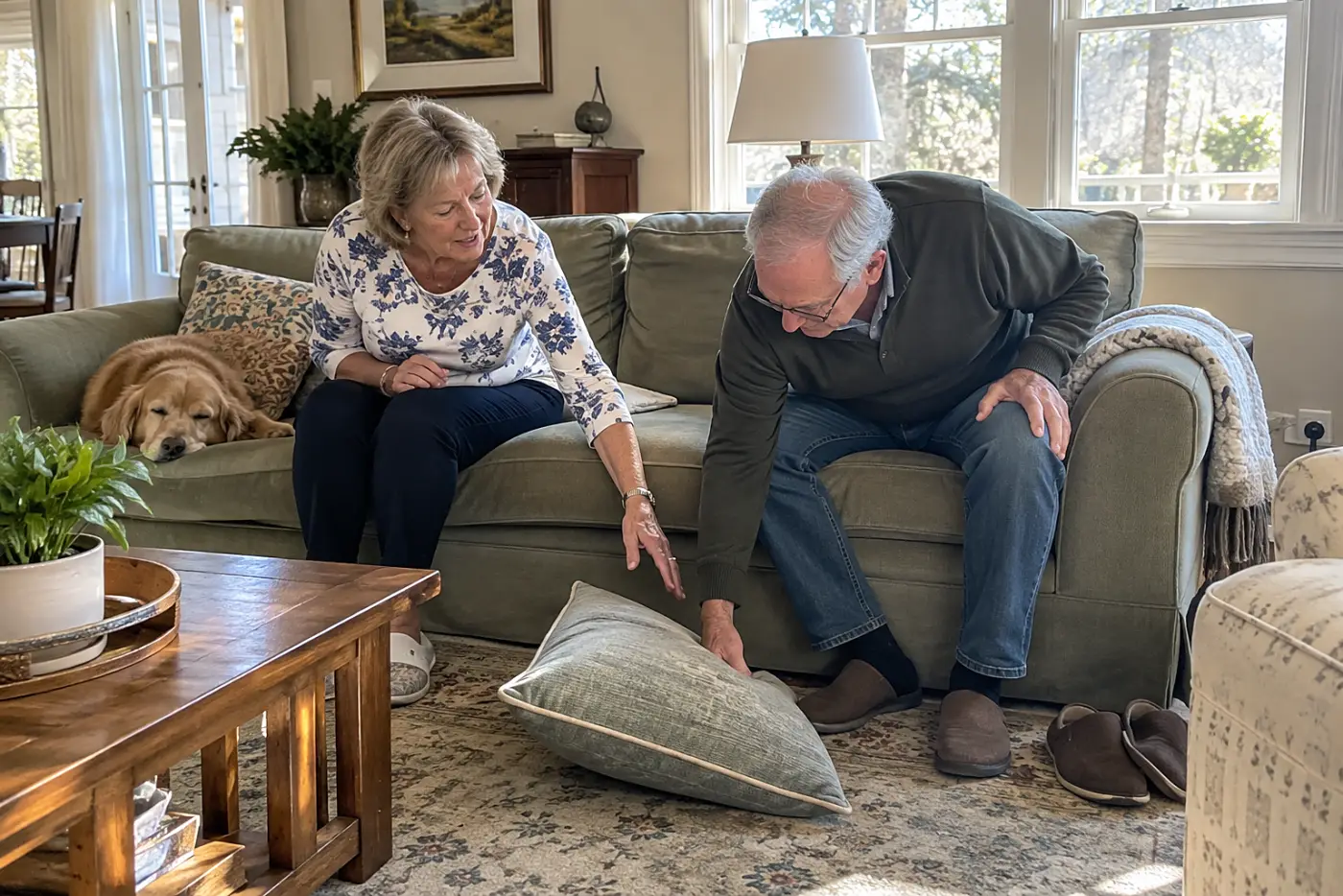 Older woman sitting beside her spouse on a living room couch.