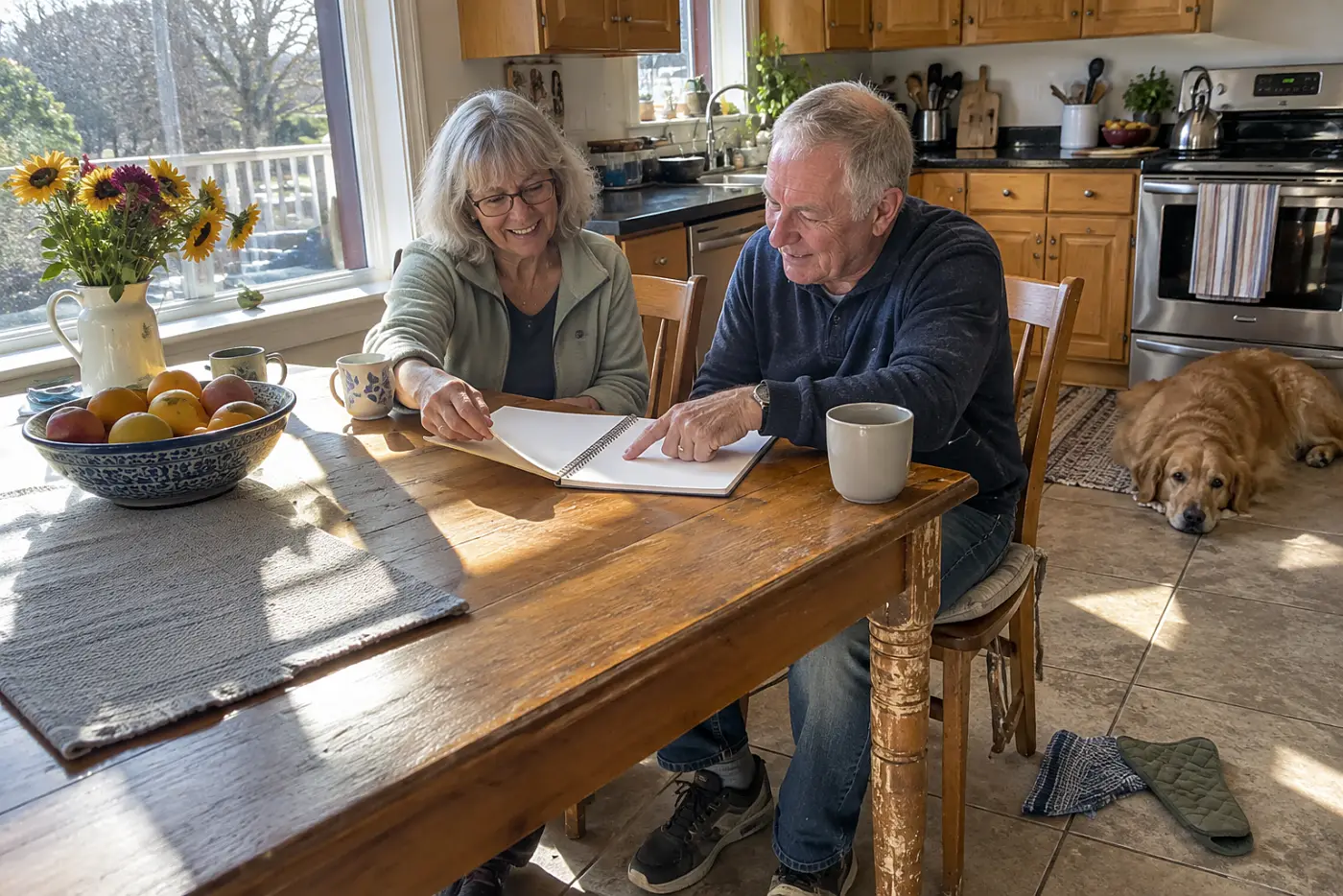 Older couple adding an appointment to a paper calendar at their kitchen table.