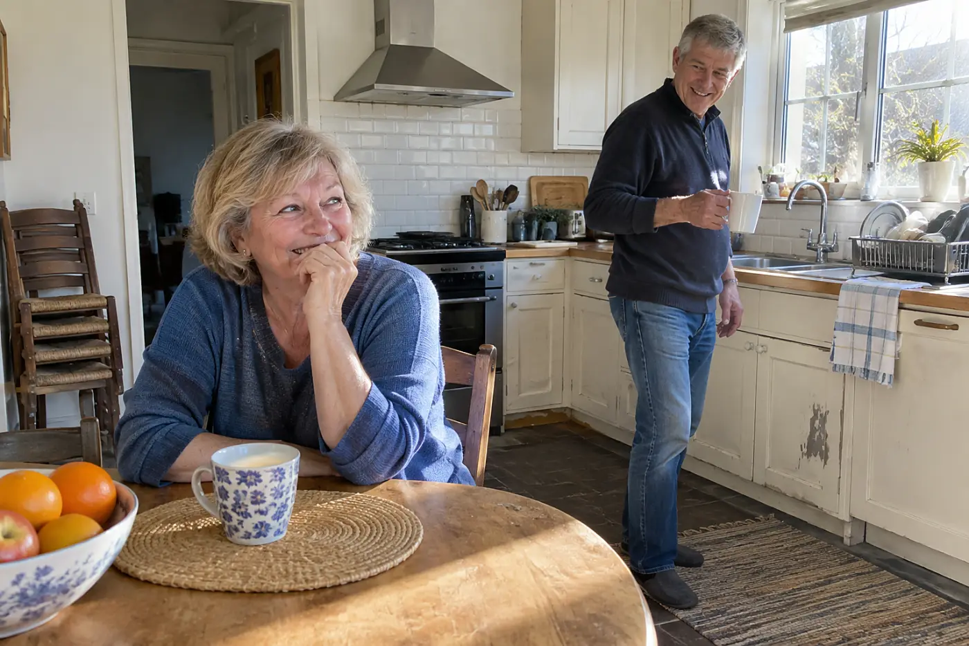 Older woman sitting at a breakfast table after putting away dishes from a family visit.