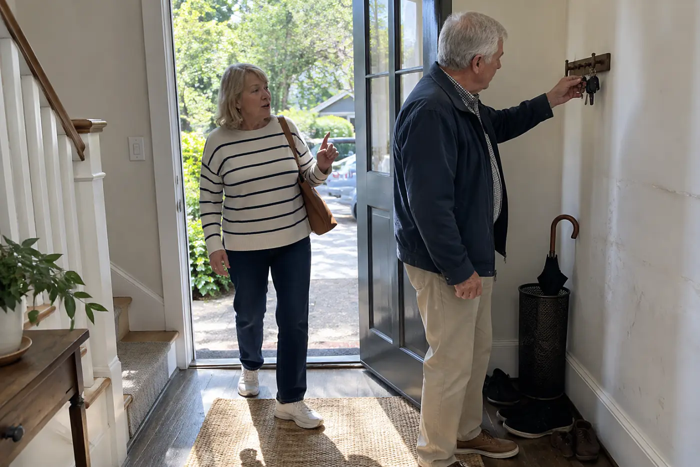 Older couple looking at a spare key hanging beside their front door.