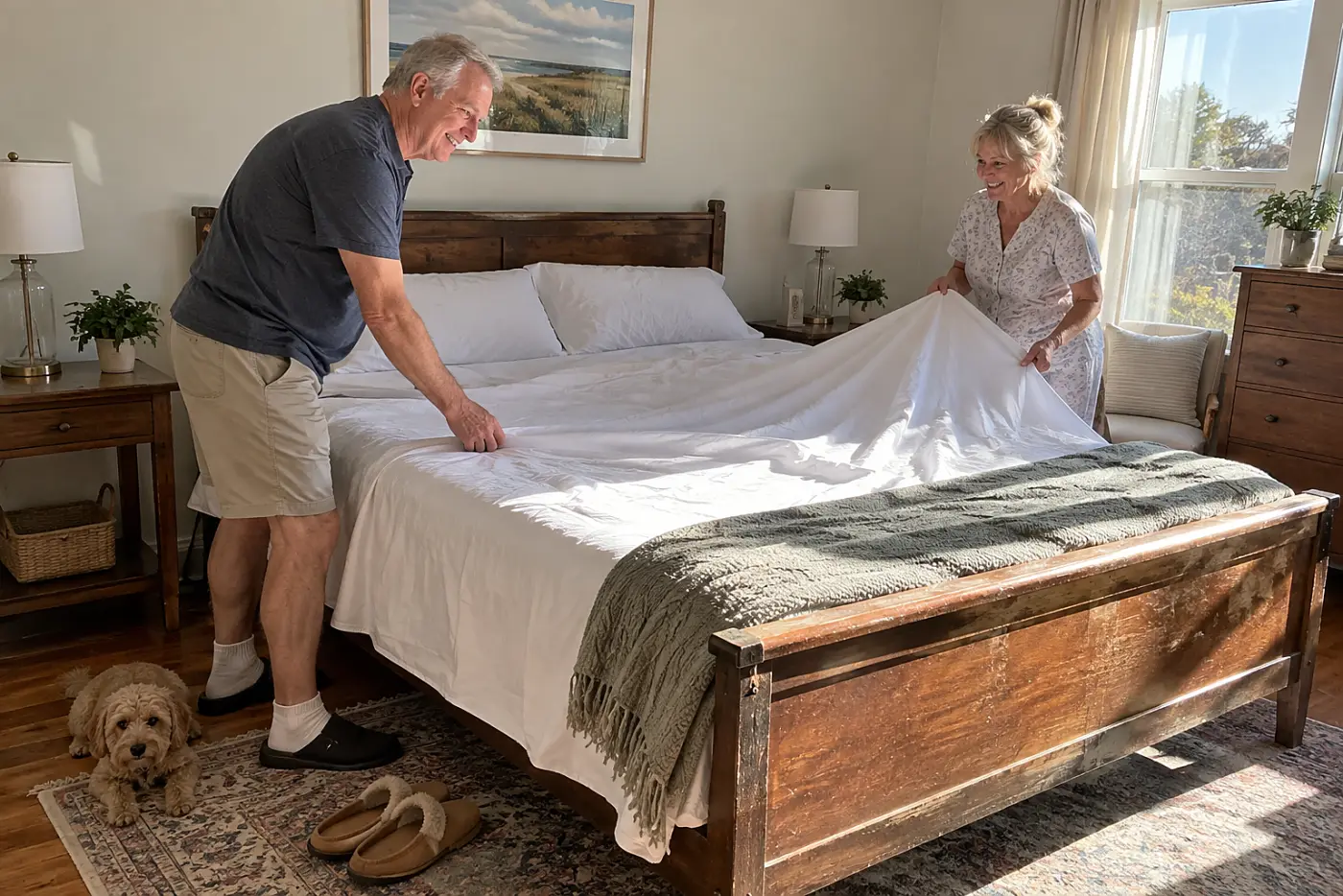 Older man smoothing a fresh sheet on a guest bed at home.
