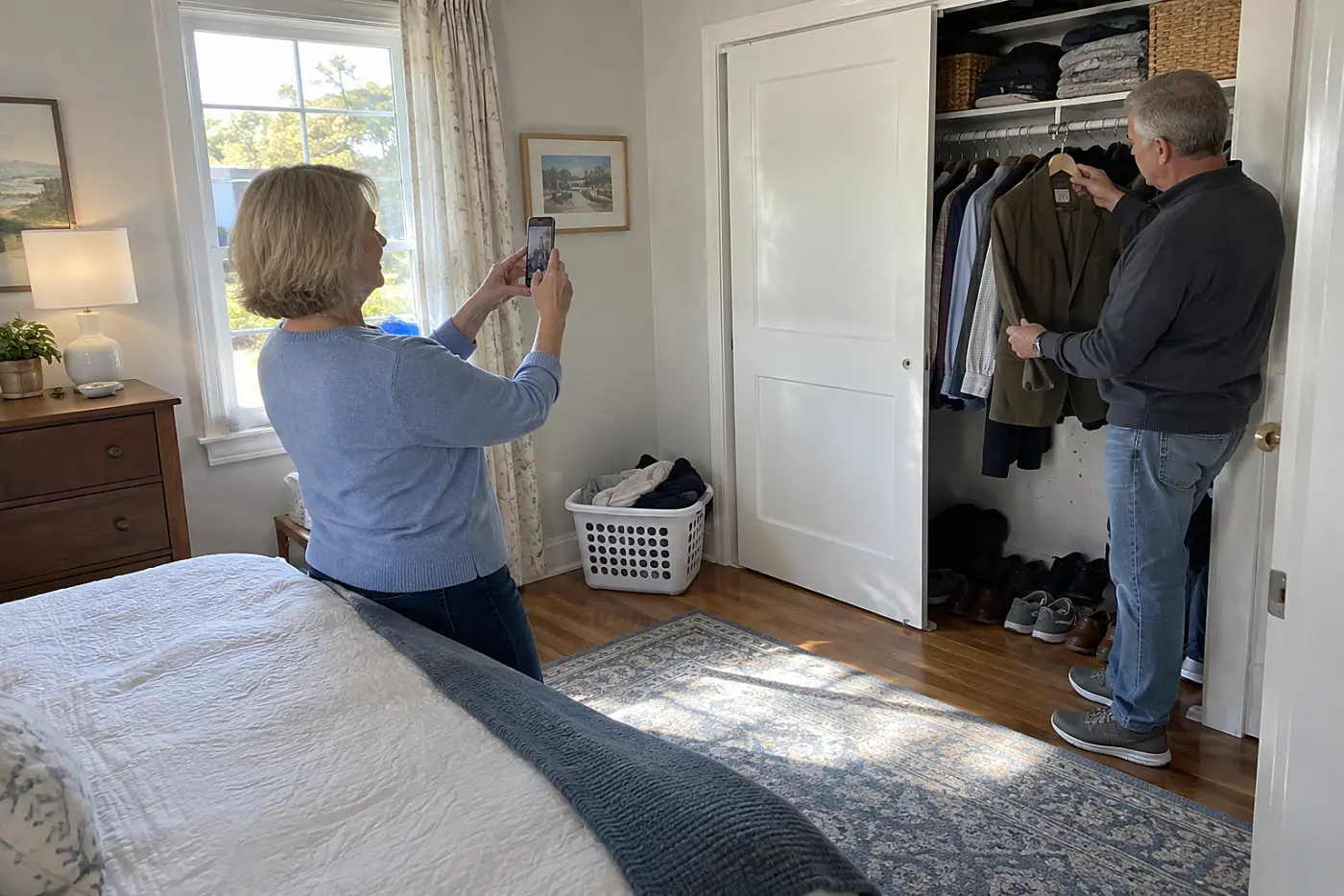 Older woman photographing a jacket hanging in a bedroom closet.