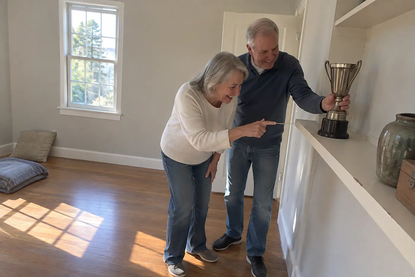 Older couple examining a trophy on a shelf in a vacant bedroom.