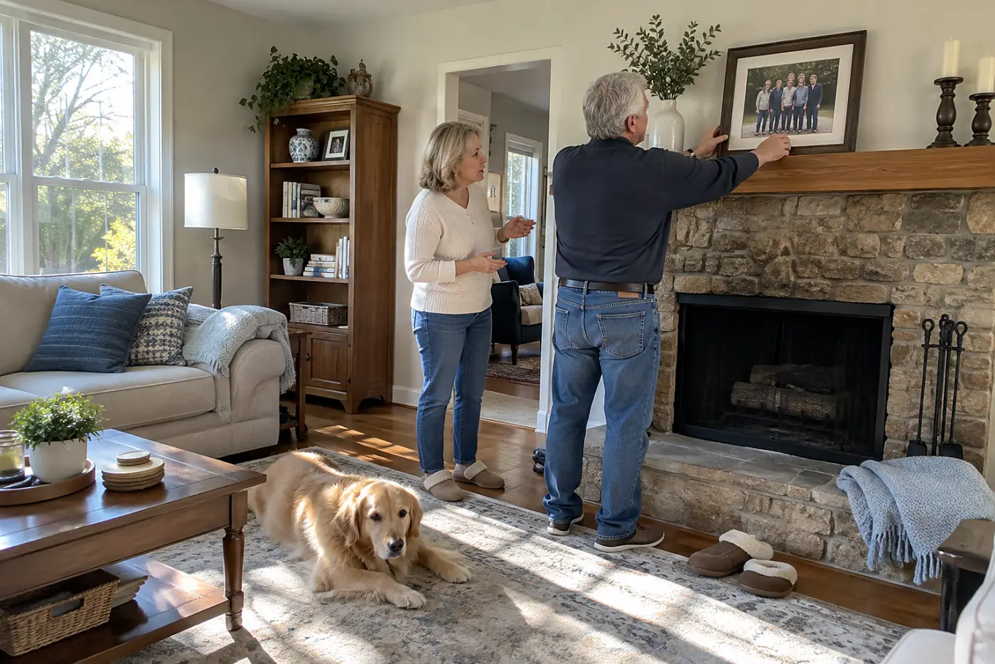 Older couple looking at a framed family photo on their mantel.