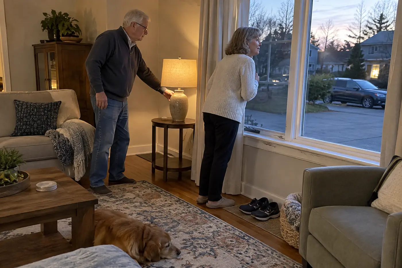 Older woman looking at the driveway from her living room window at dusk.