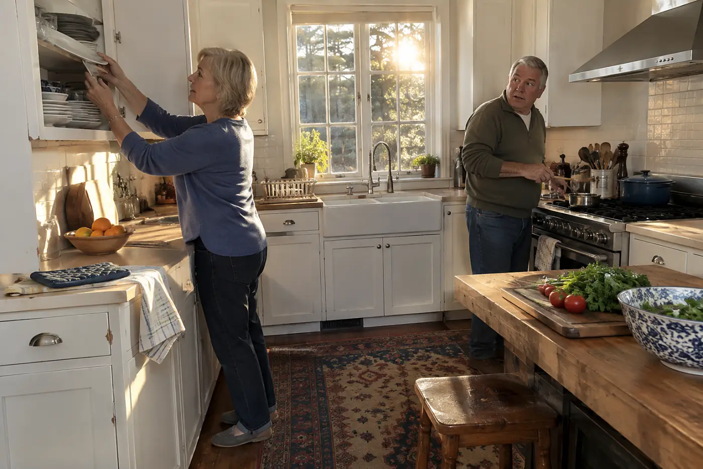 Older woman putting a third plate back in a kitchen cabinet before dinner.