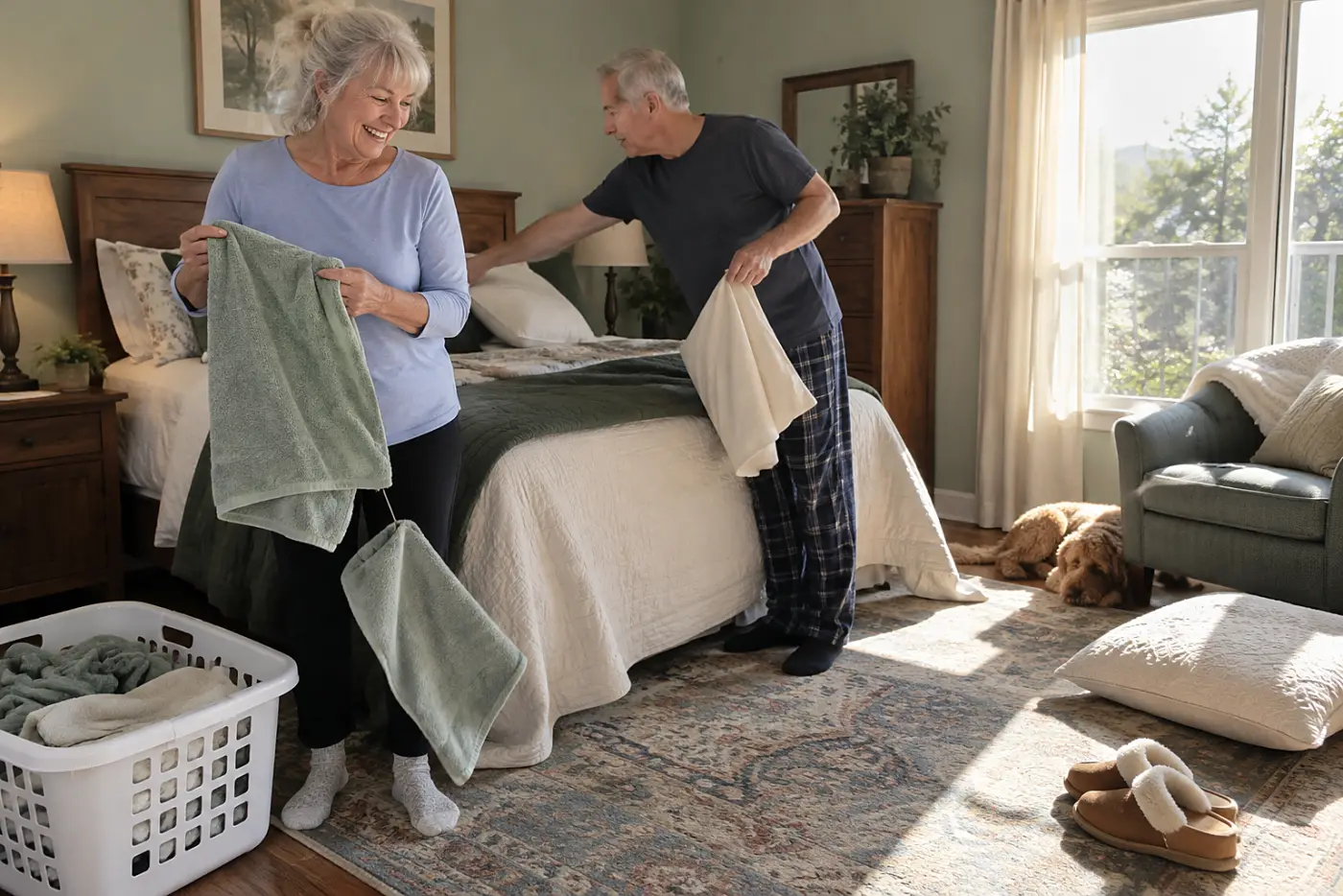 Older woman folding towels beside a half-empty laundry basket in her bedroom.
