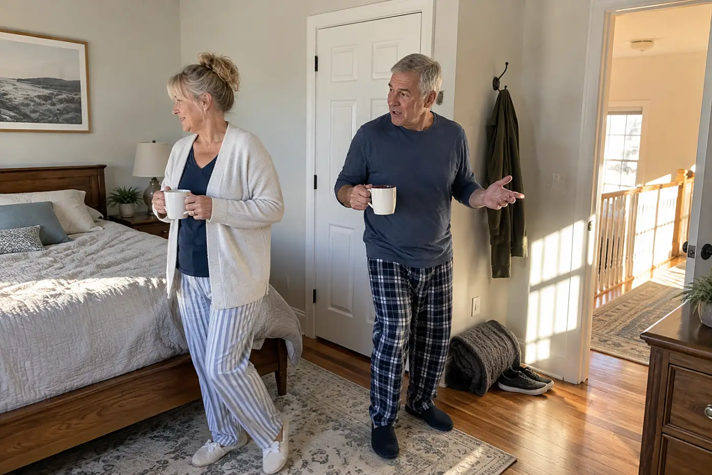 Older couple standing beside a closed bedroom door with coffee mugs in hand.