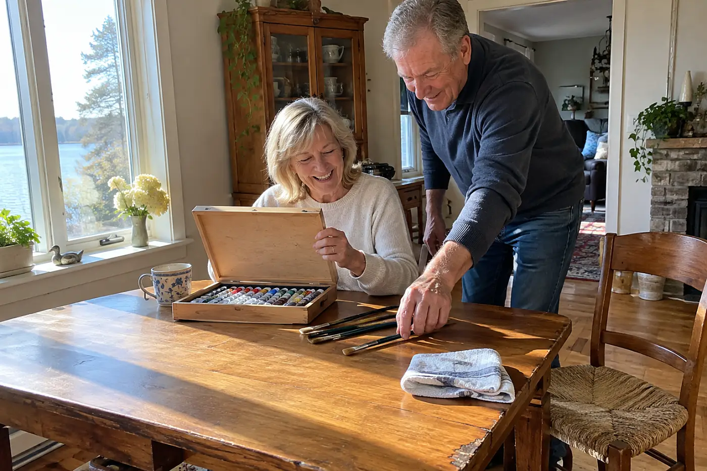 Older woman opening a box of paints beside a cleared table at home.