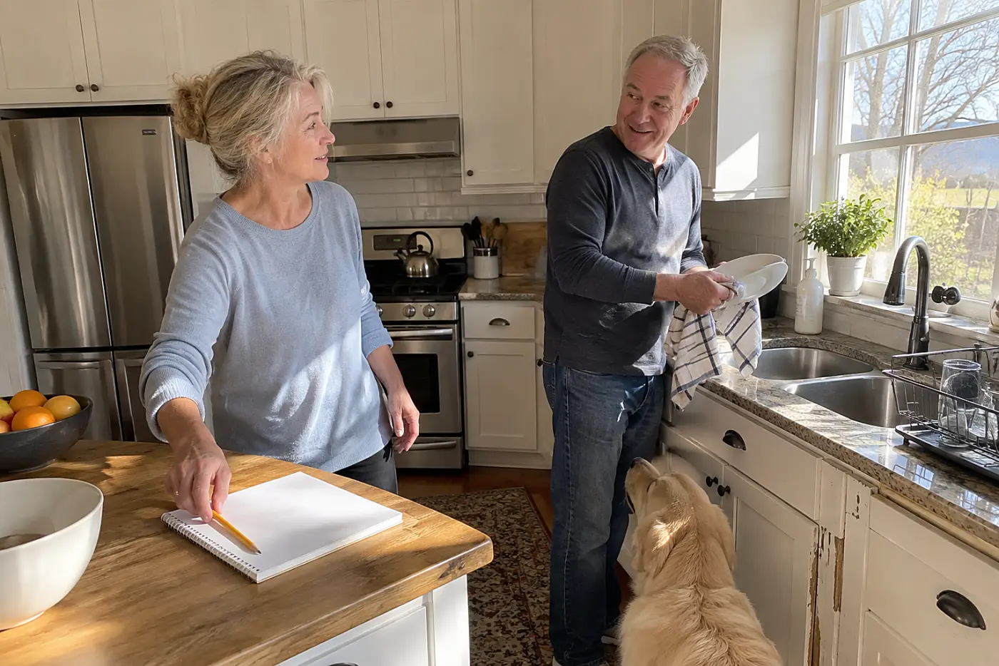 Older couple writing household chores on a pad beside the kitchen sink.