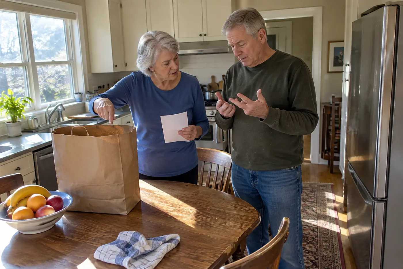 Older couple looking over a grocery receipt at their kitchen table.