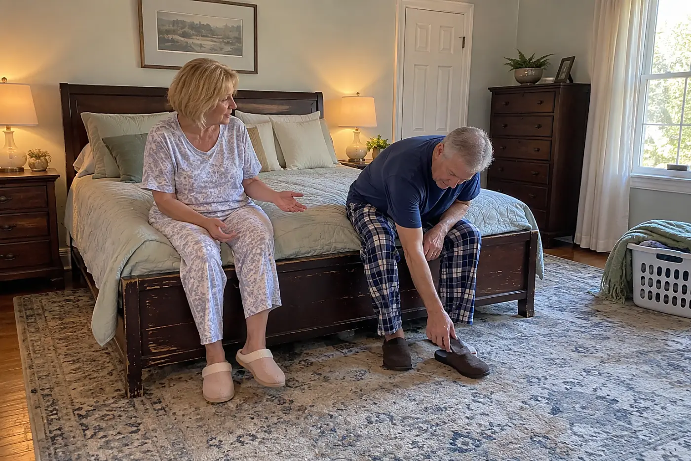 Older couple sitting on the edge of their bed with the lamps on.