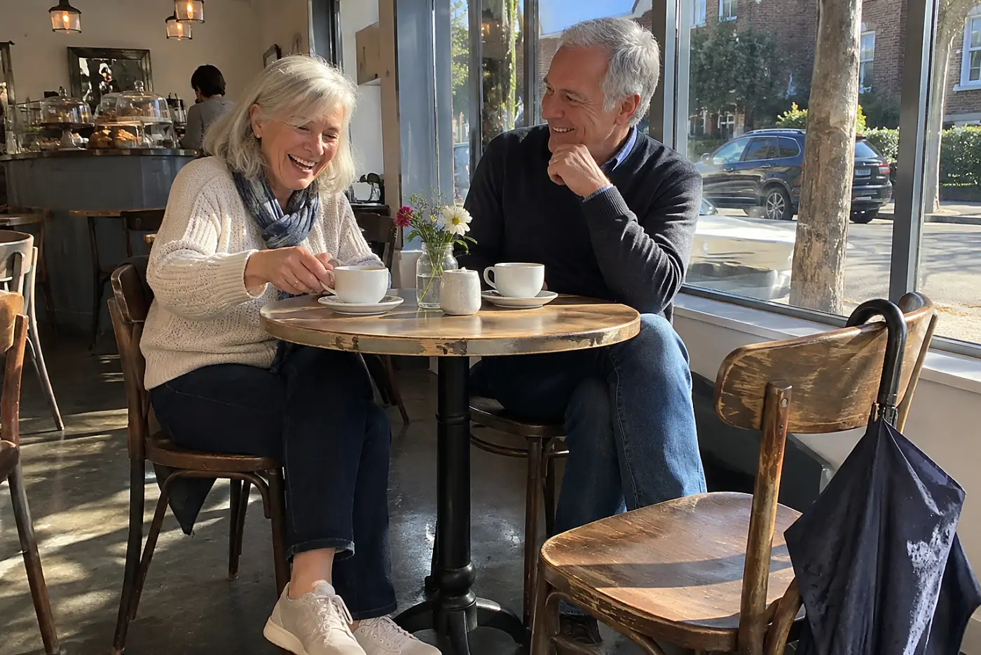Older couple drinking coffee together at a neighborhood cafe.