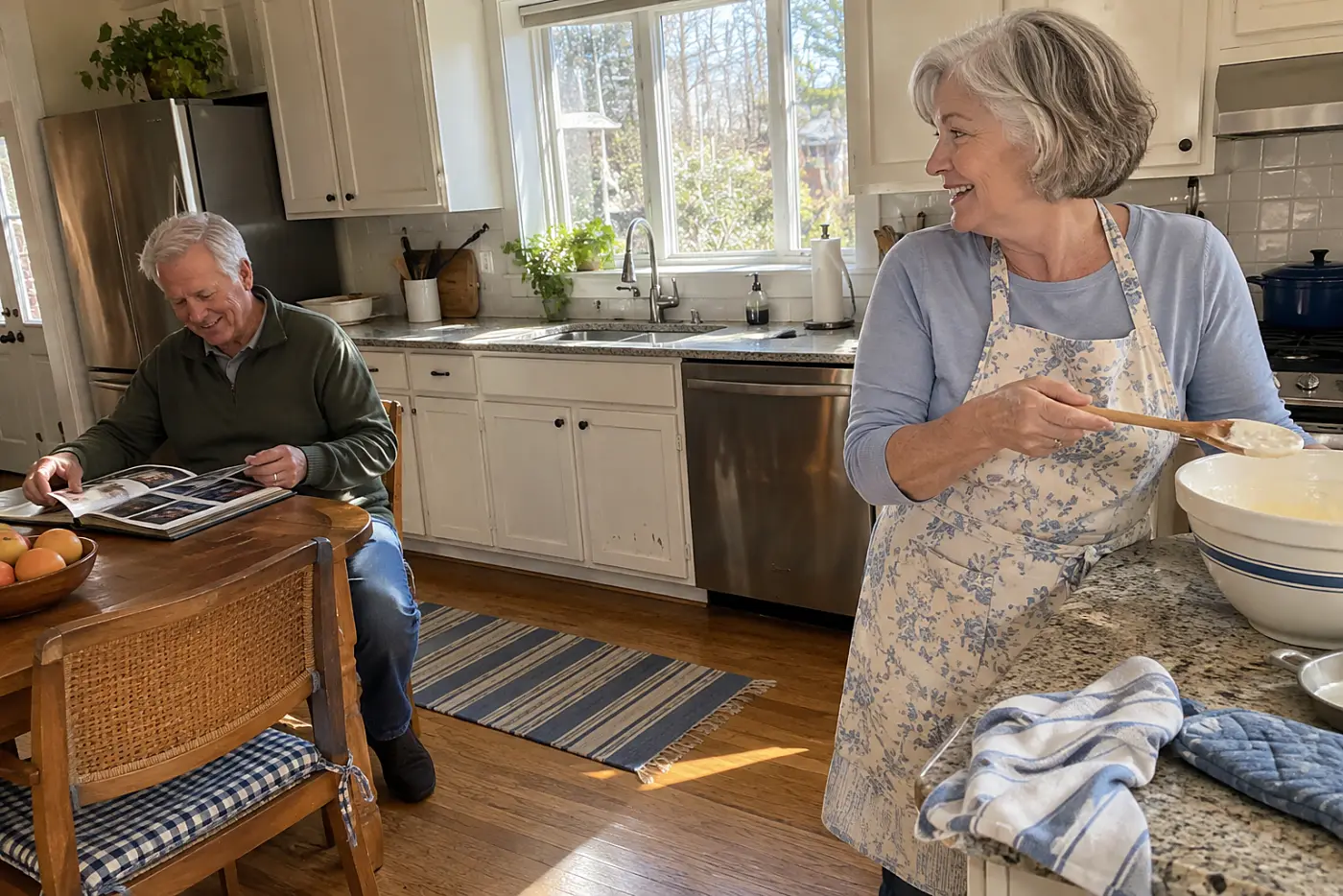 Older woman calling a friend from her kitchen while her spouse reads nearby.