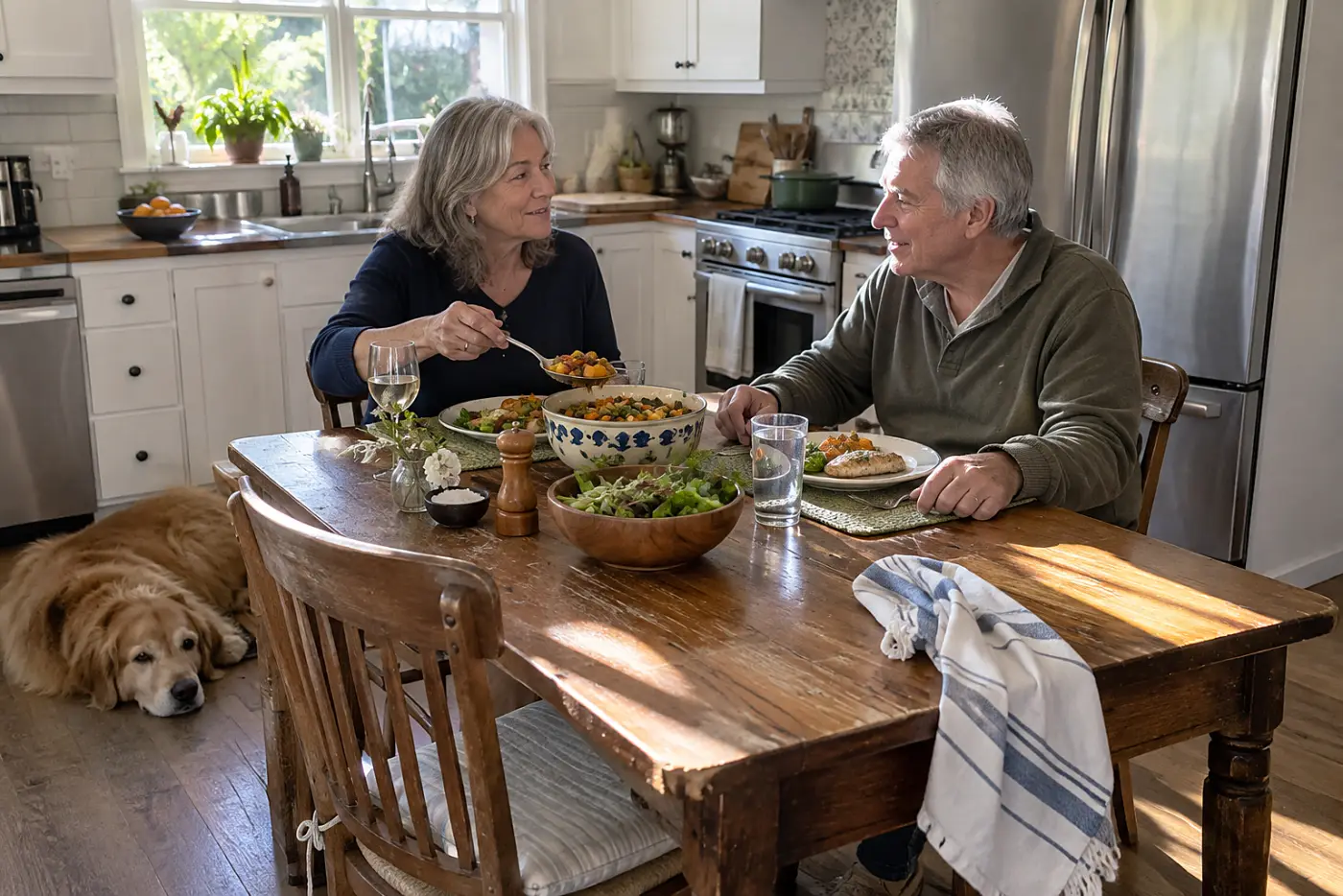 Older couple talking across a kitchen table over dinner.