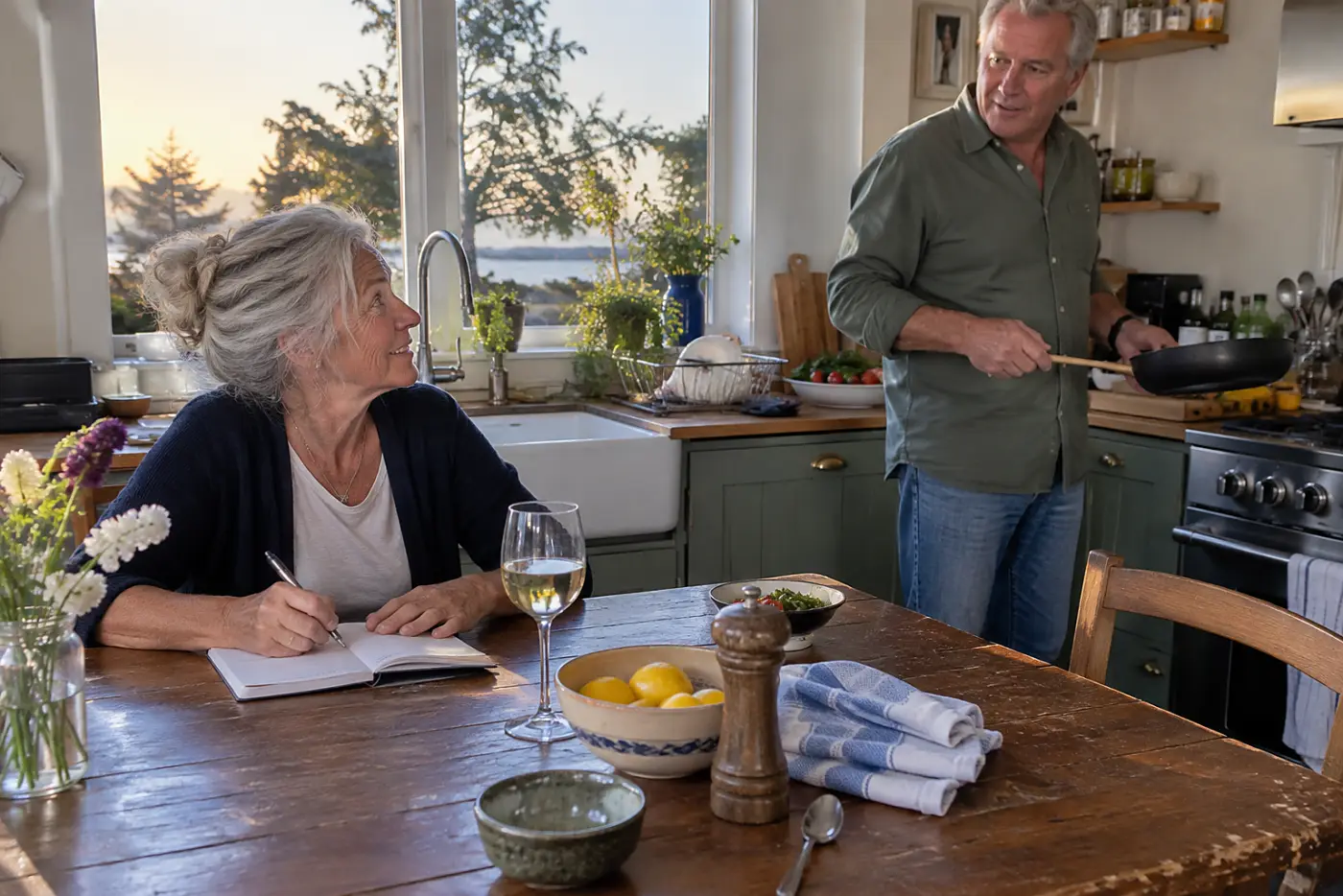 Older woman writing in a sleep notebook beside a glass of wine at her kitchen table.