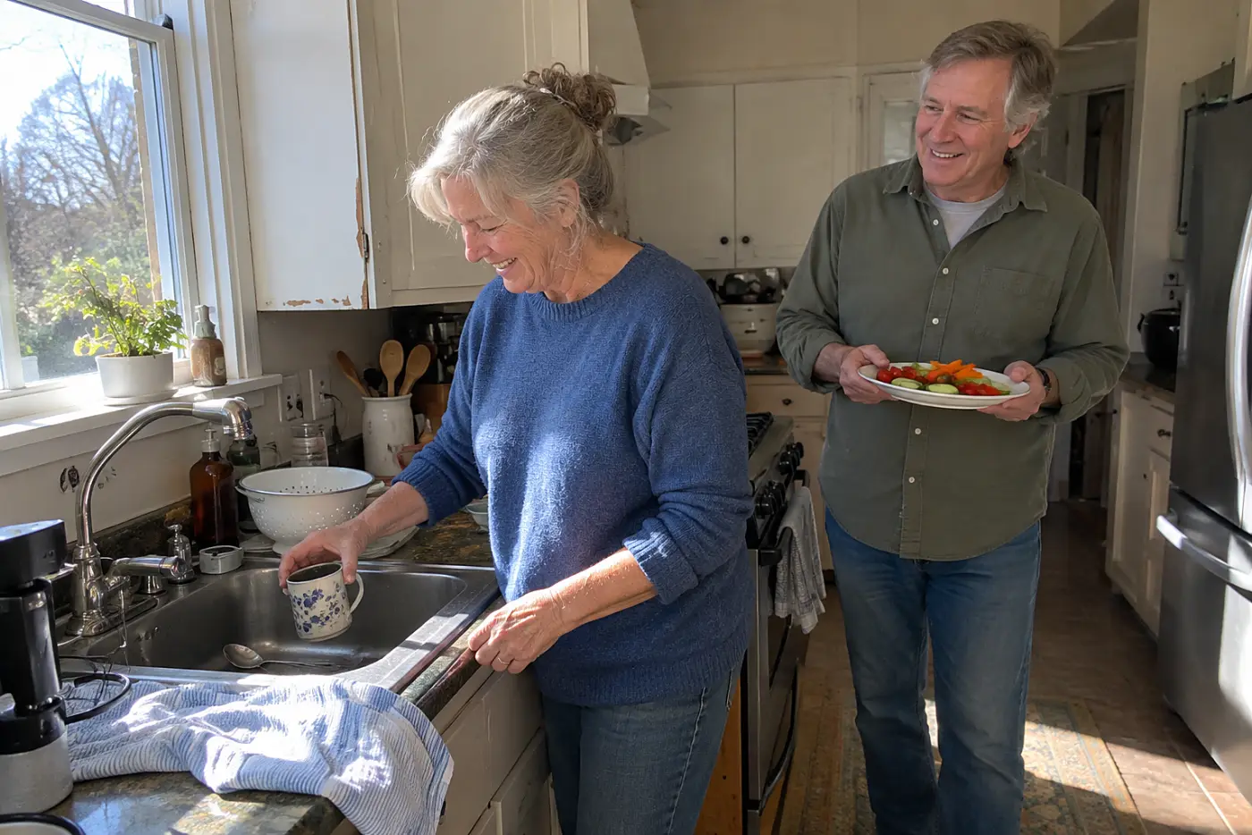 Older woman placing a coffee mug in the sink before lunch.