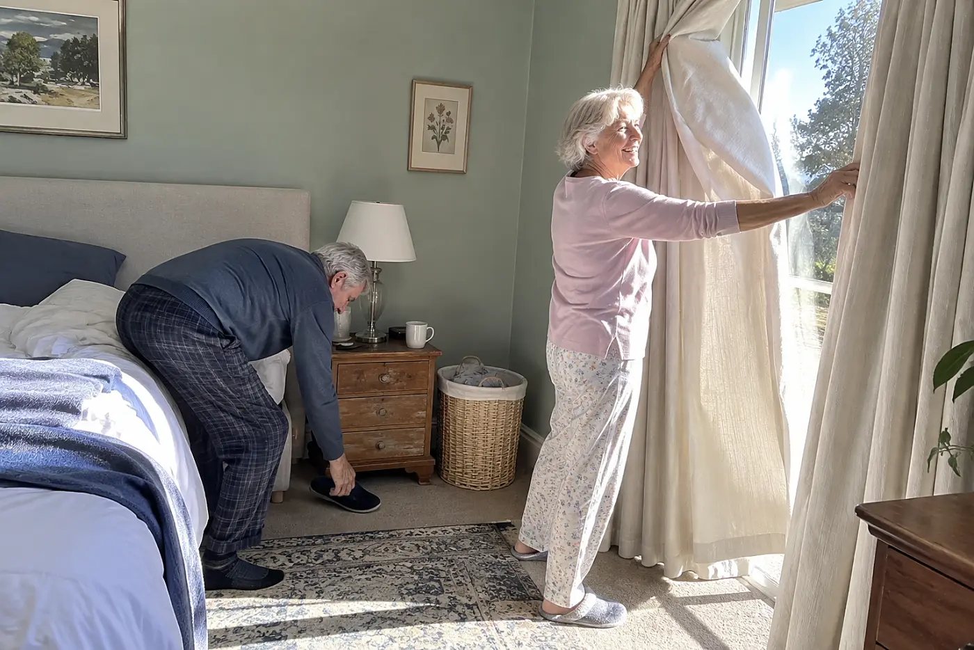 Older woman opening her bedroom curtains in the morning.