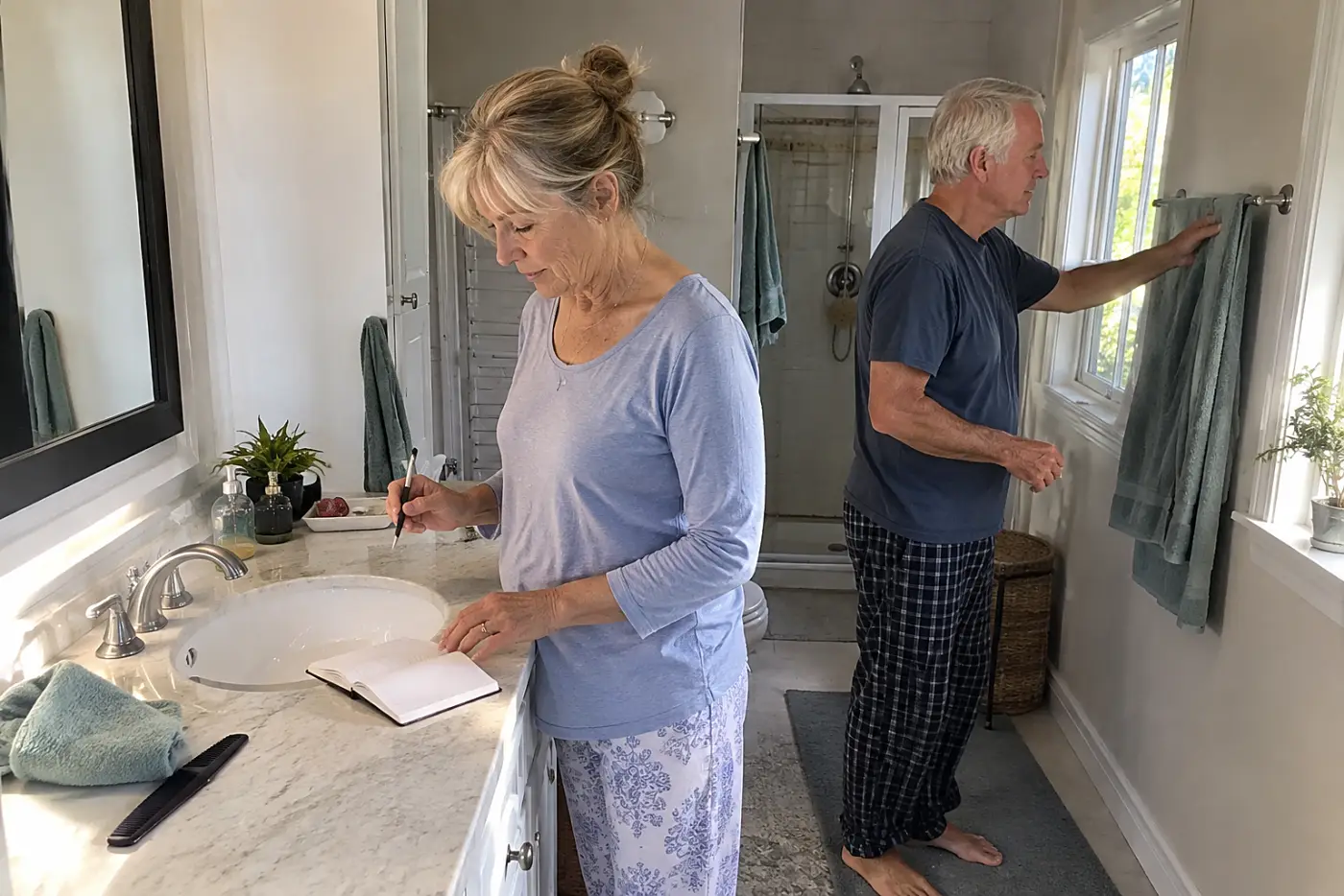 Older woman marking a notebook beside the bathroom sink.