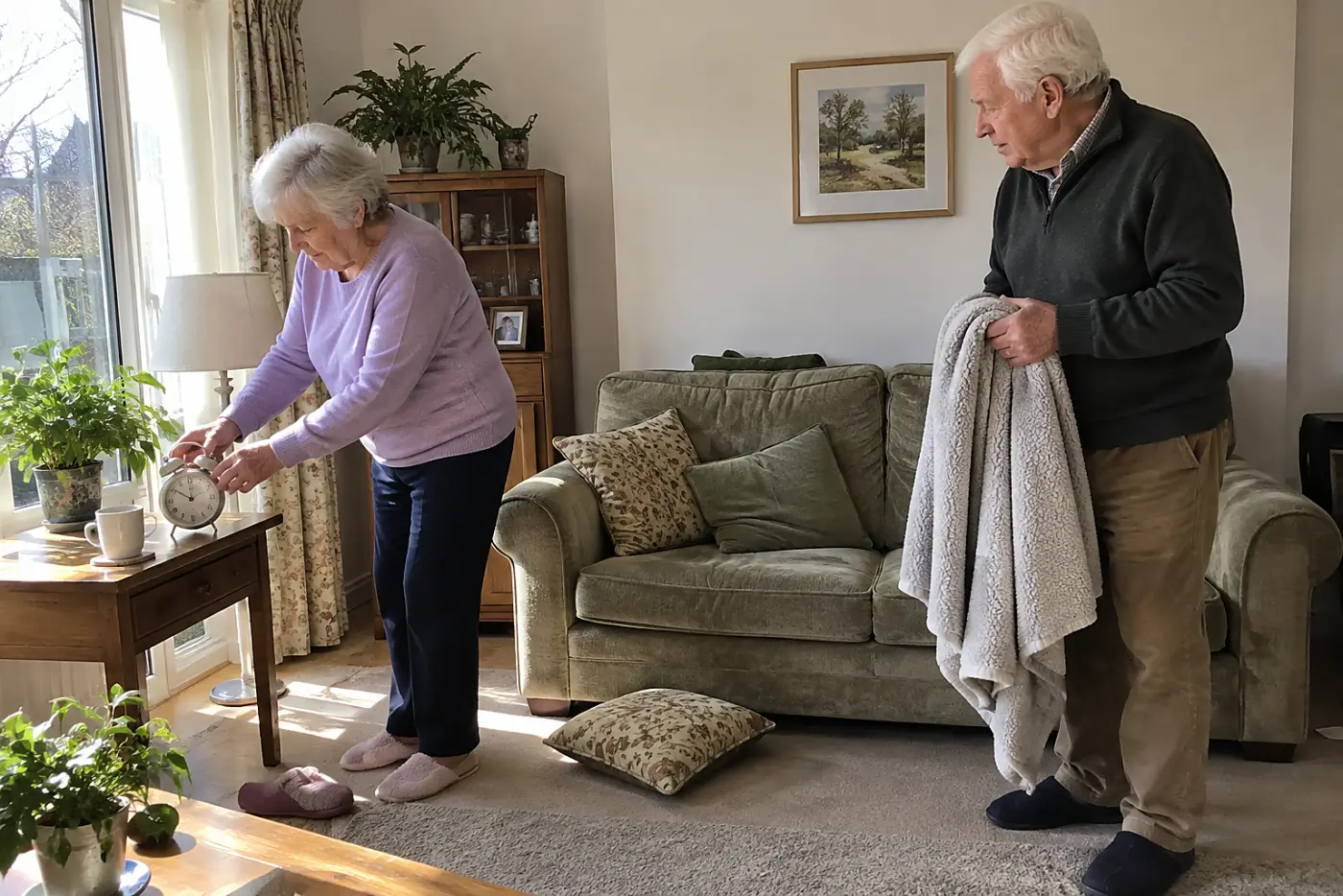 Older woman setting an alarm clock before resting on her sofa.