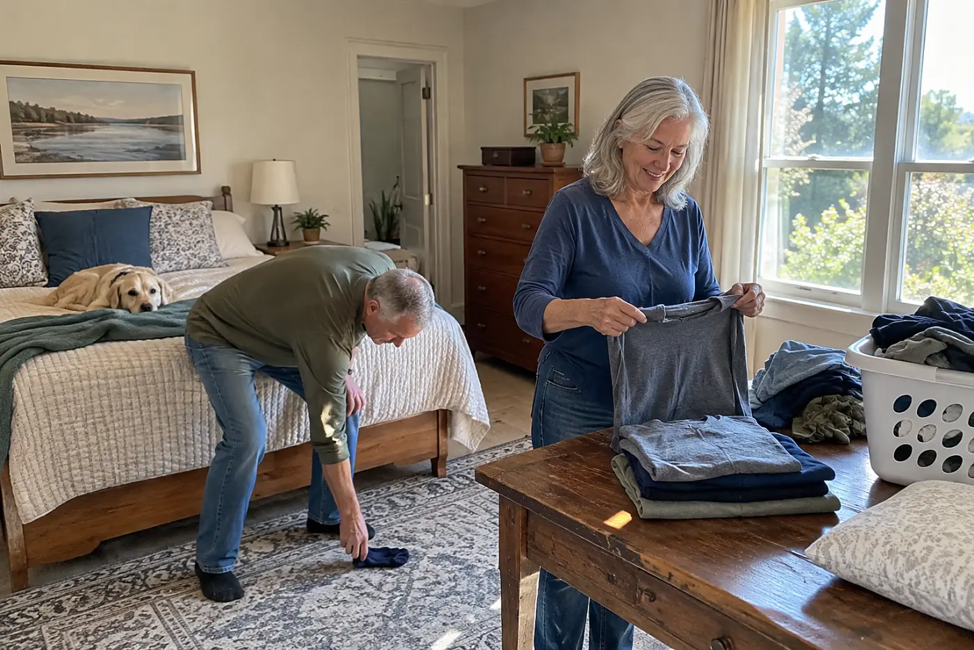 Older woman folding laundry at a table in her bedroom.