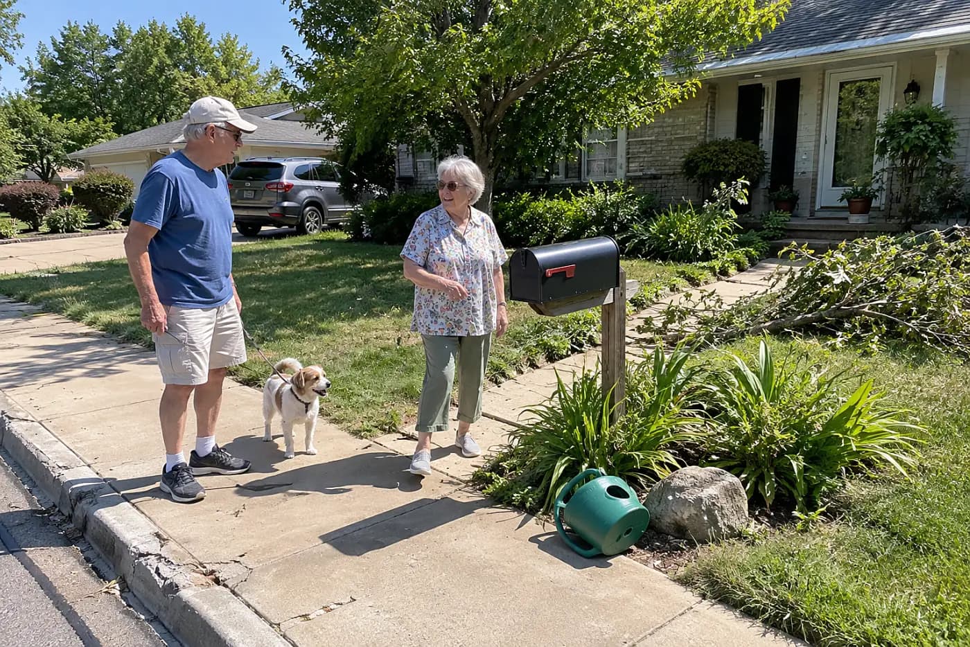 Older woman walking toward her mailbox on a neighborhood sidewalk.