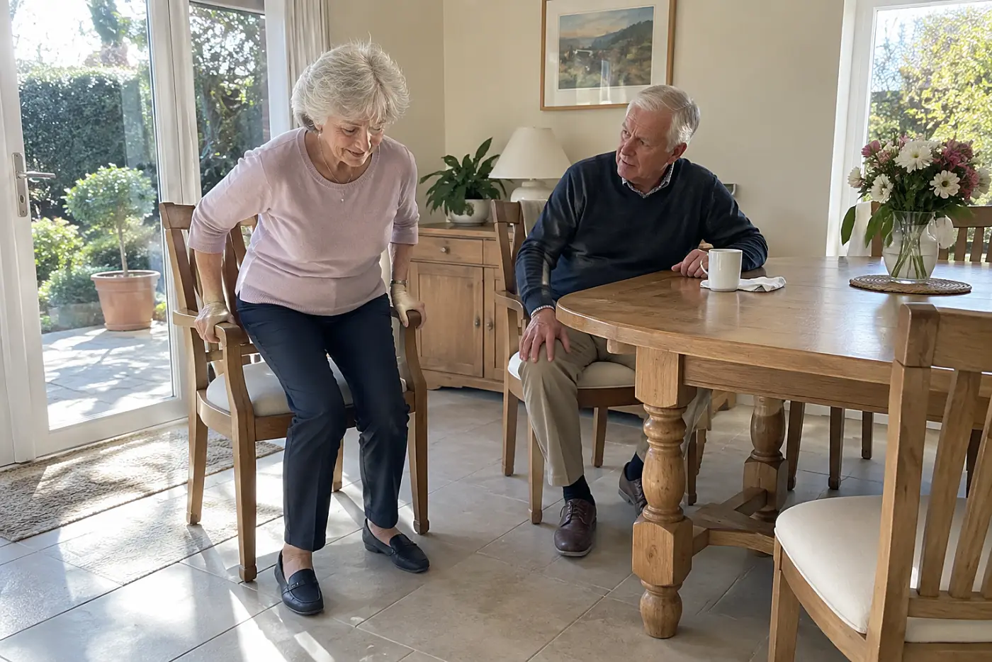 Older woman rising from a sturdy dining chair with her hands on the armrests.