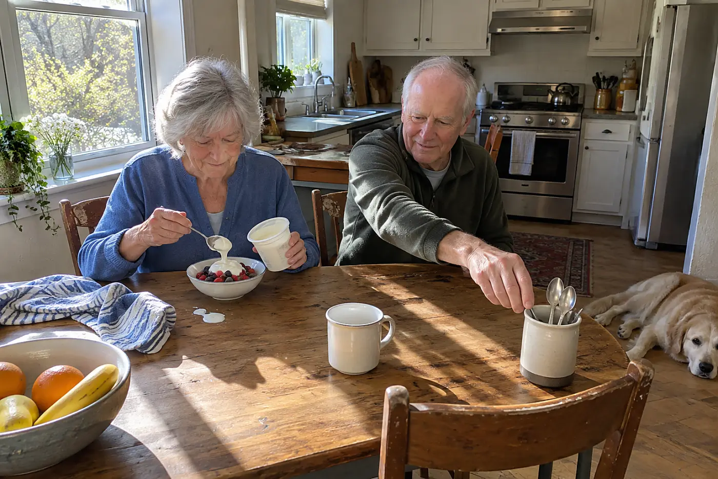 Older woman spooning yogurt into a bowl at her kitchen table.
