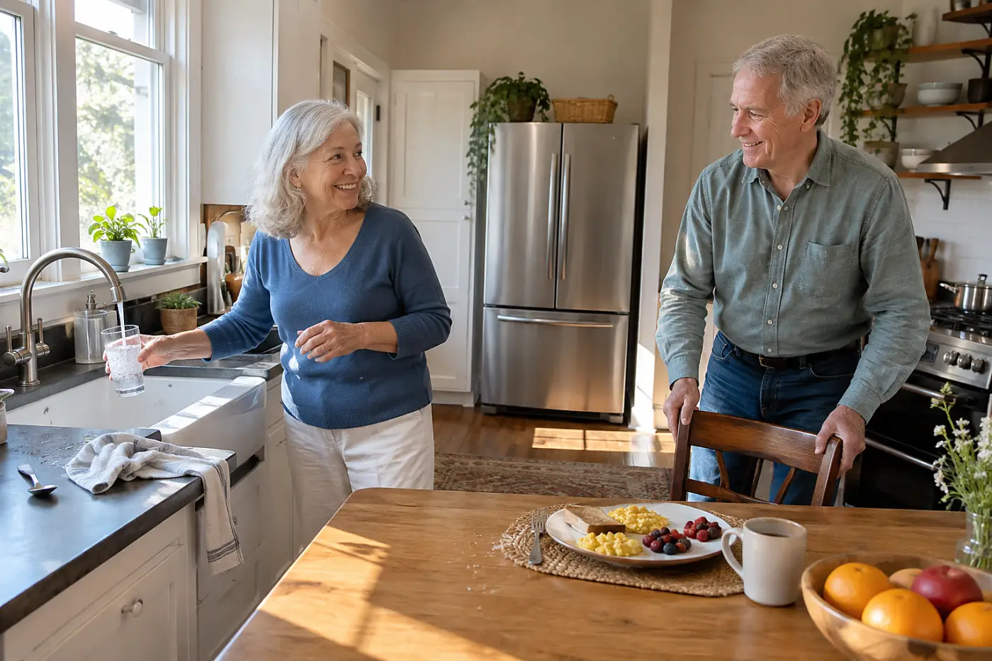 Older woman filling a water glass beside her breakfast plate in a kitchen.