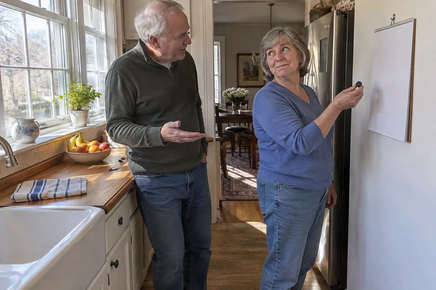 Older woman looking at a birthday date on a wall calendar in her kitchen.