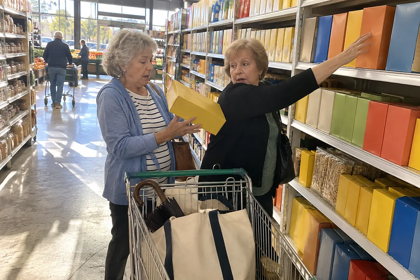 Older woman holding a cereal box in a grocery aisle.