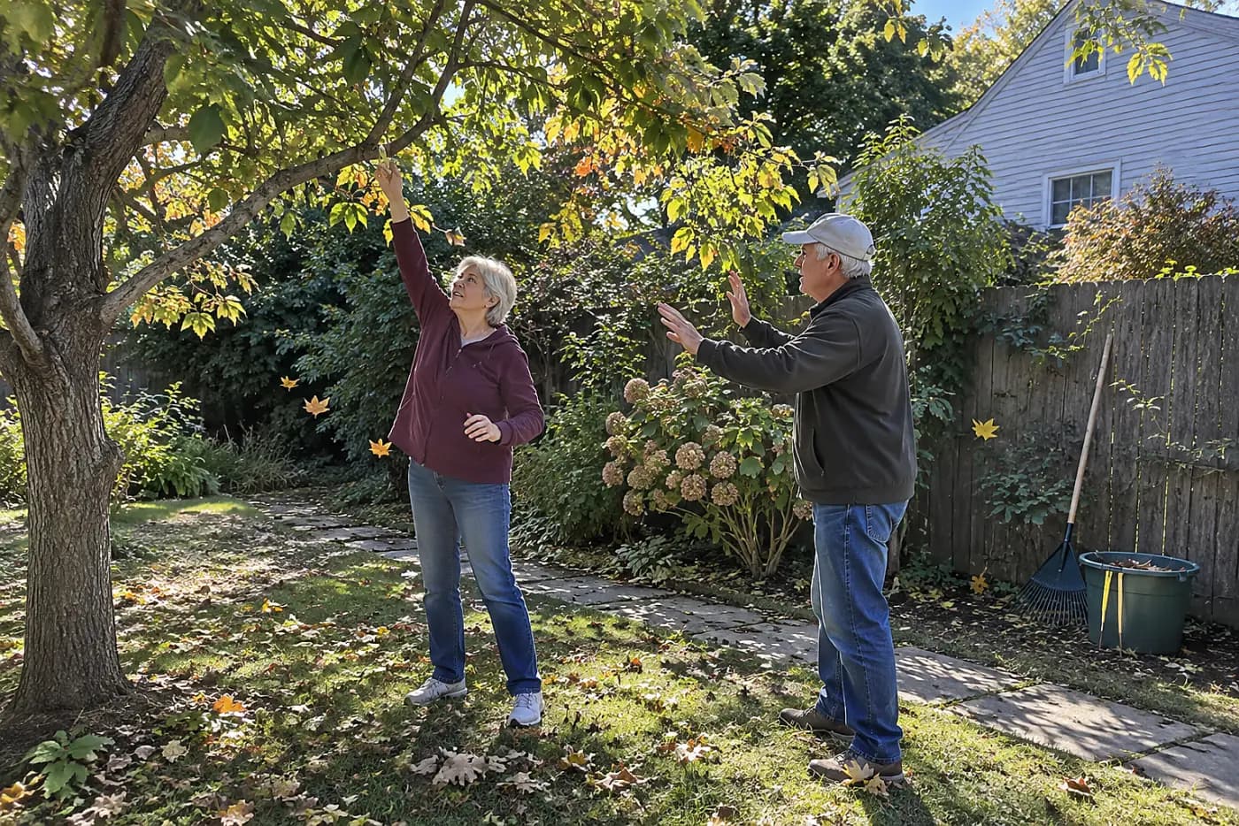 Older woman inspecting a broken tree branch from a garden path.