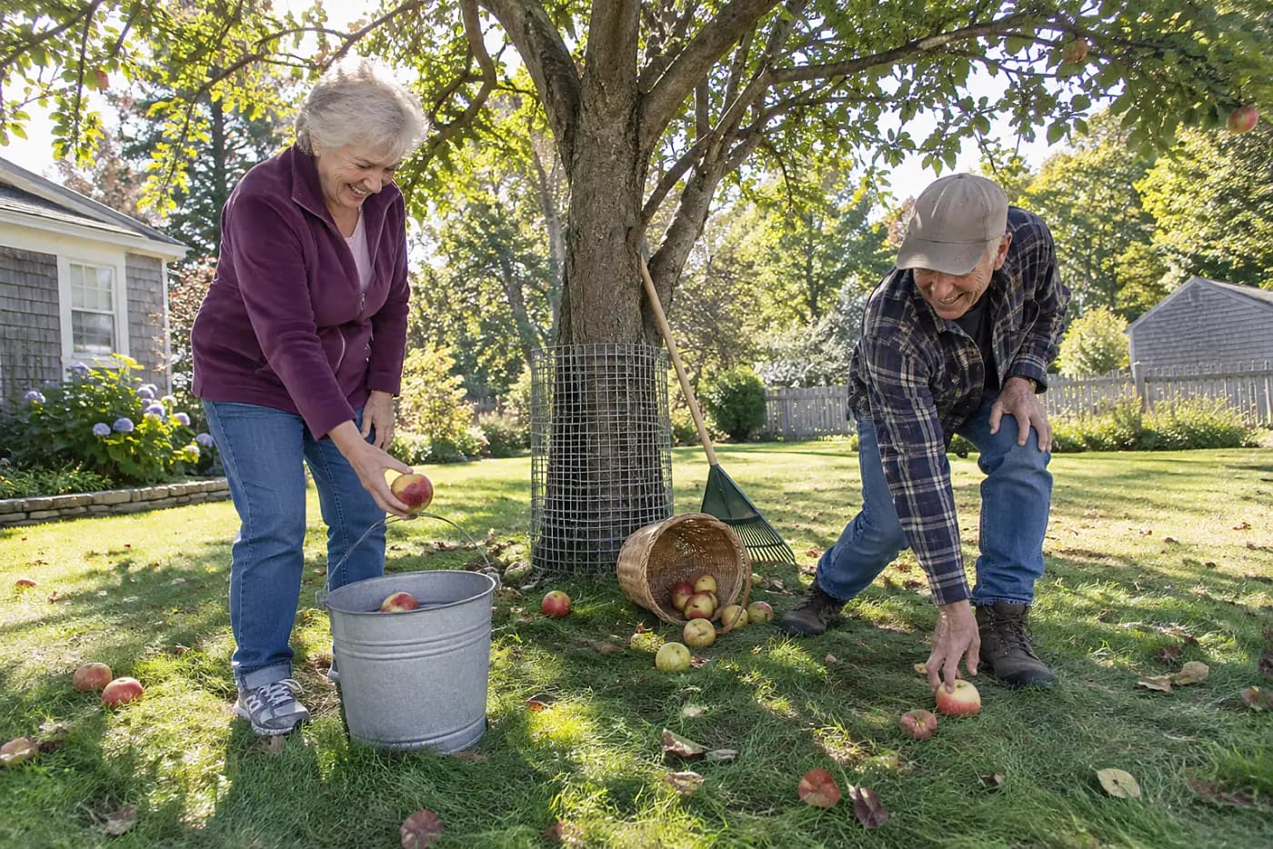 Older woman collecting fallen apples beneath a backyard tree.