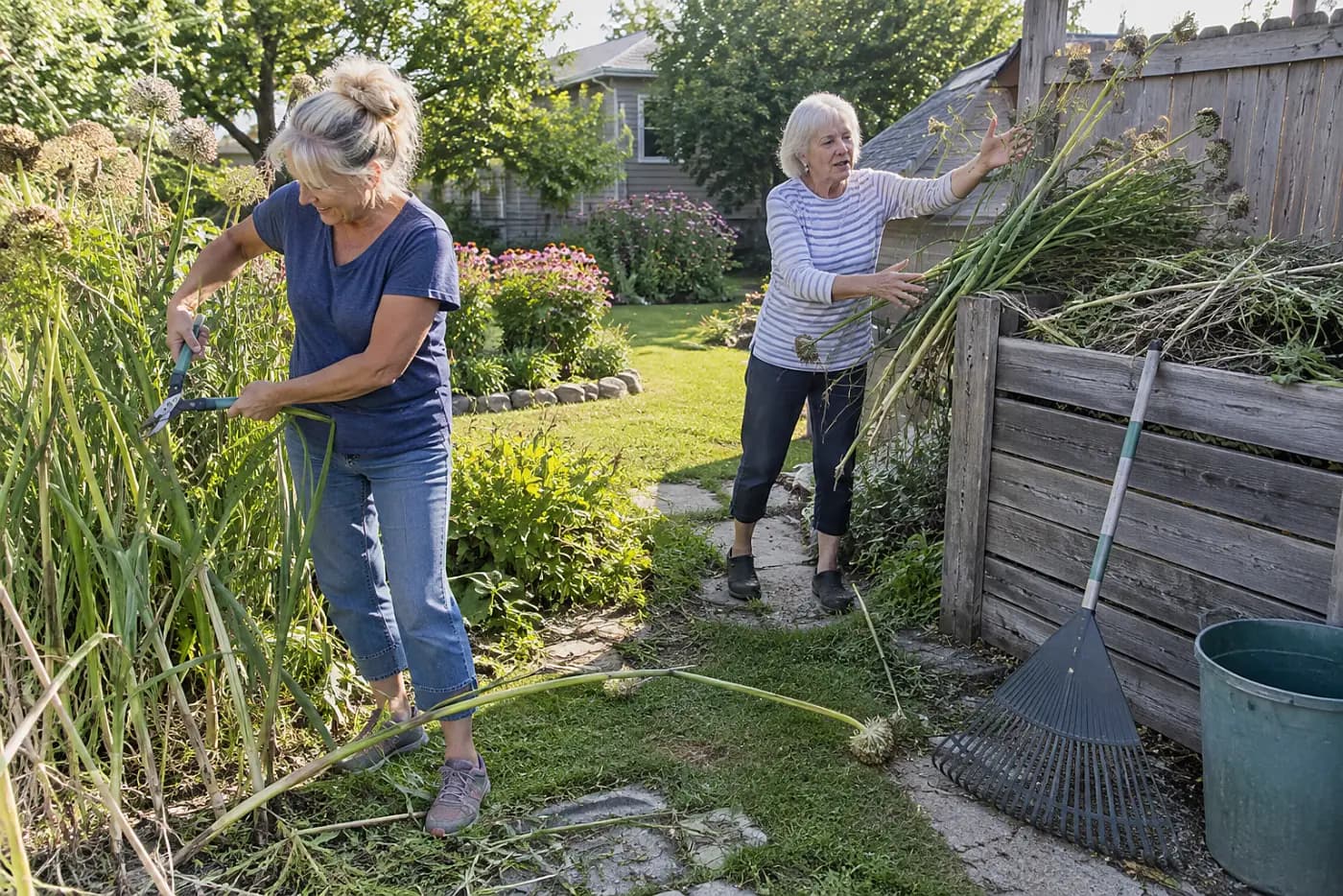 Older woman cutting healthy stalks beside a compost bin.
