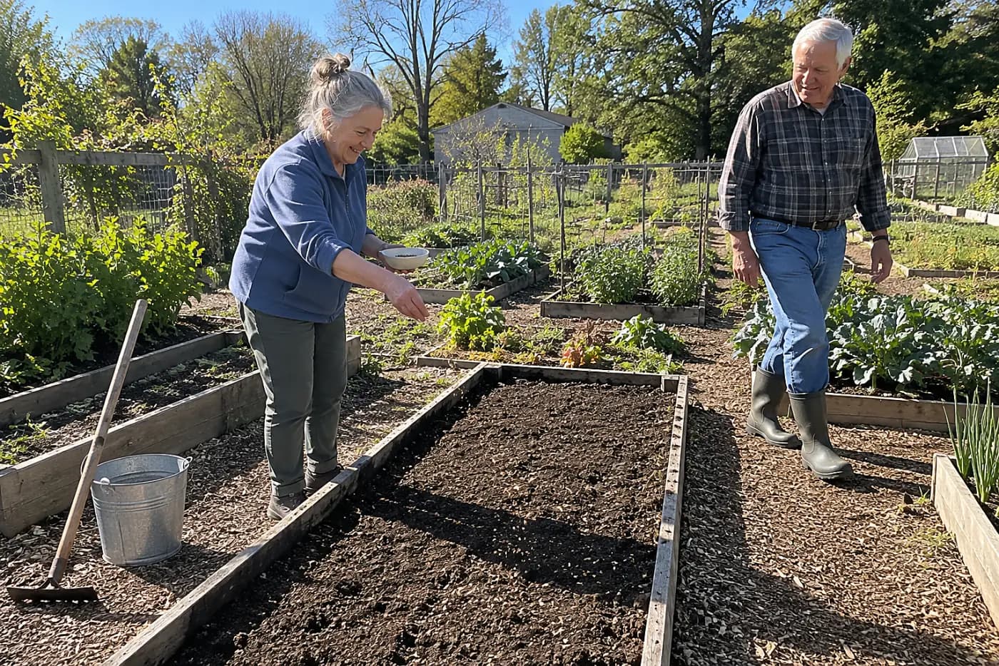 Older woman scattering cover crop seed across a vegetable bed.