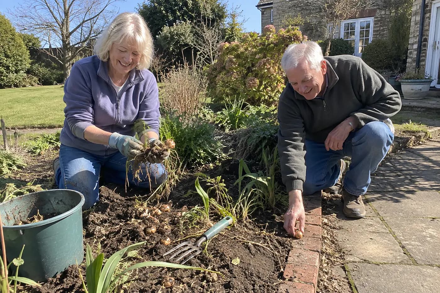 Older woman separating bulbs beside a garden bed.