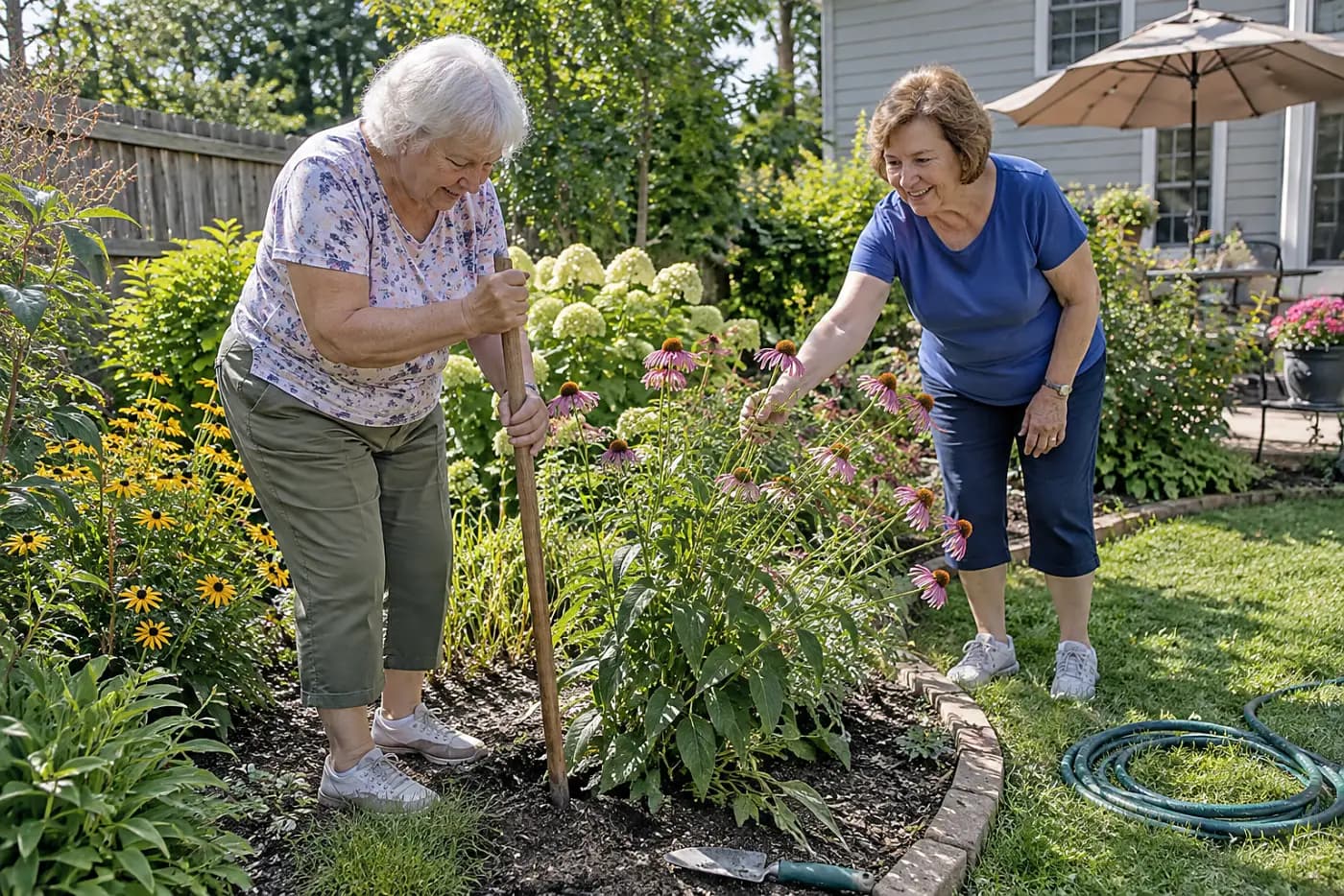 Older woman placing a plant label beside a perennial in her garden.