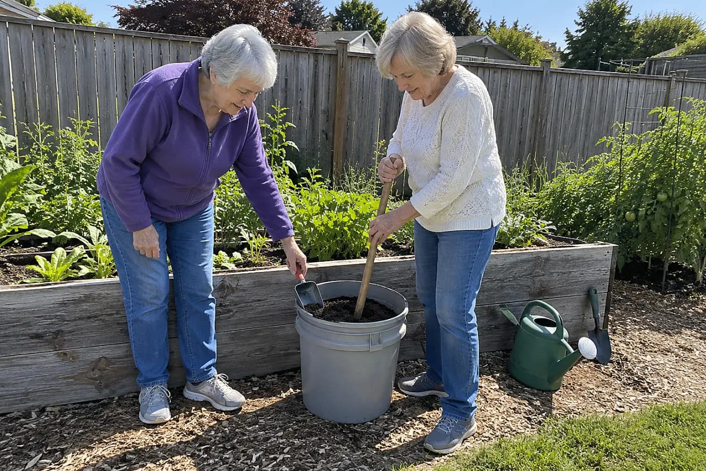Older woman mixing soil samples in a bucket beside a vegetable bed.