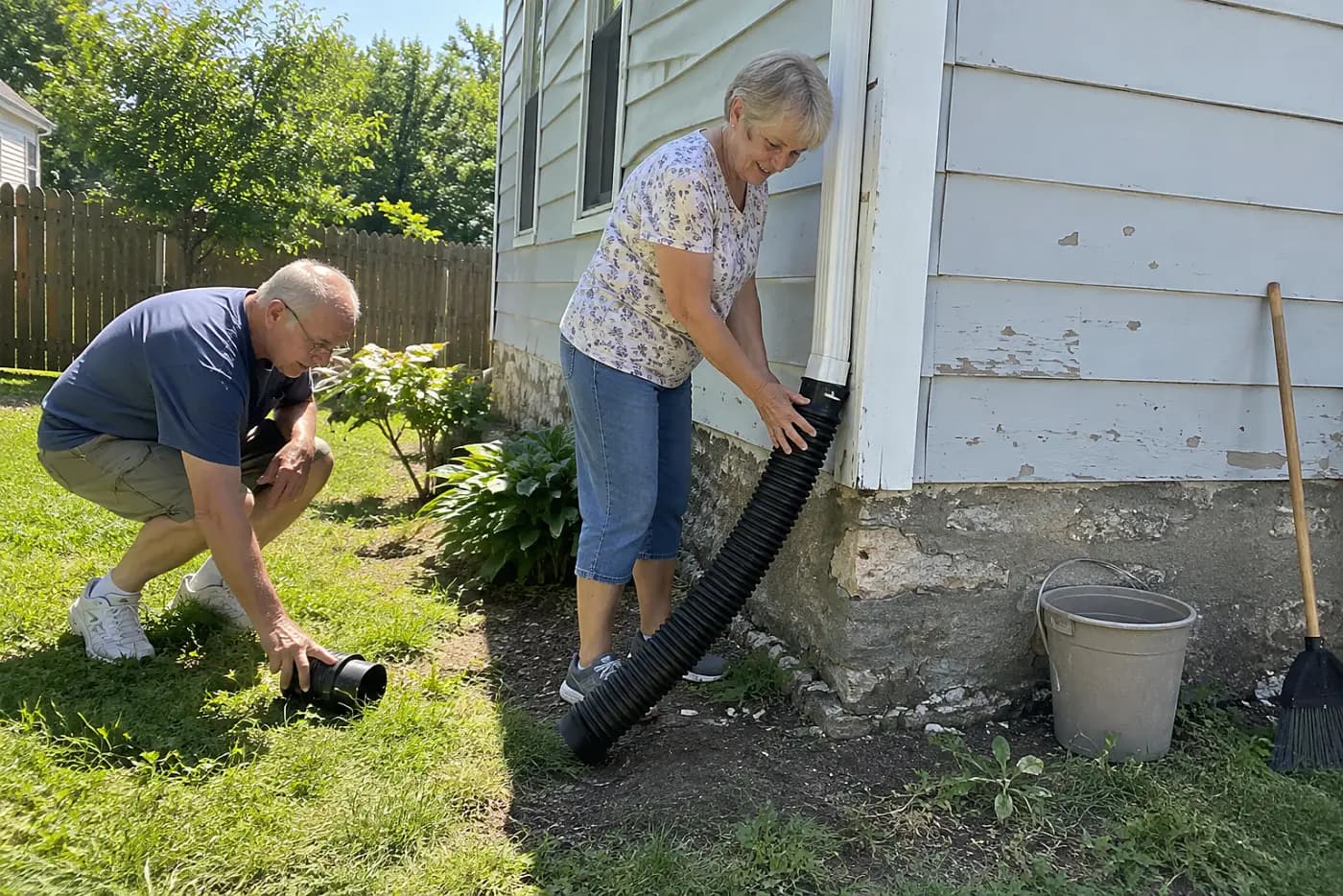 Older woman fitting a downspout extension beside her house.