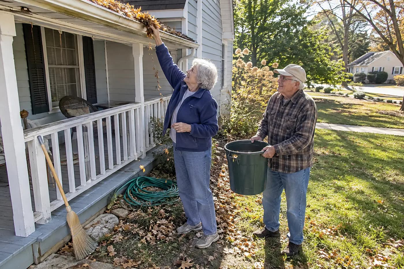 Older woman clearing leaves from a reachable gutter beside her porch.
