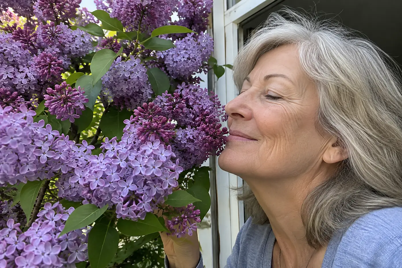 Purple lilacs fill the middle of the frame outside an open house window, with a woman in her sixties standing nearby.