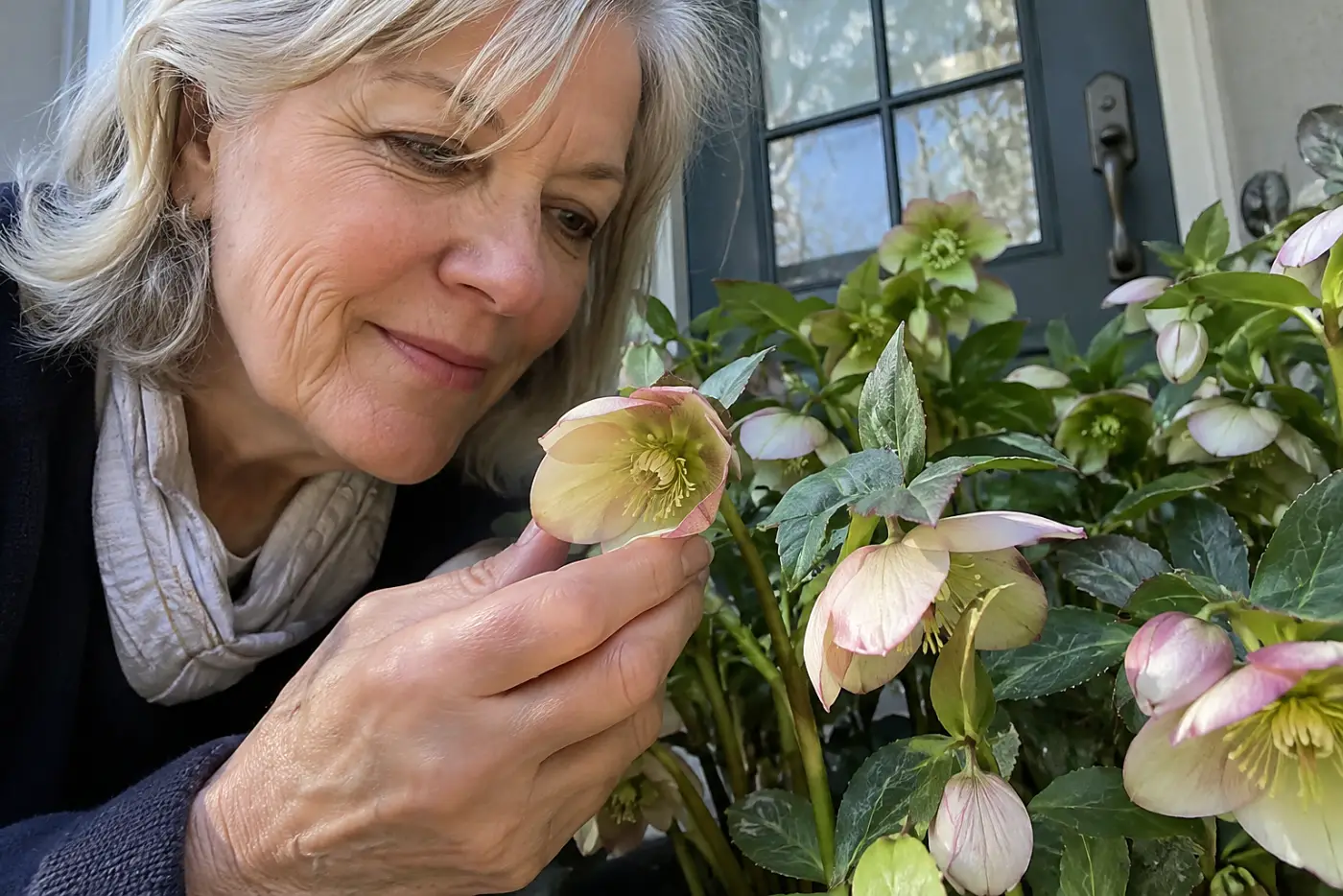 Pale hellebores fill the middle of the frame beside a back door, with a woman in her sixties bending to see the flowers.