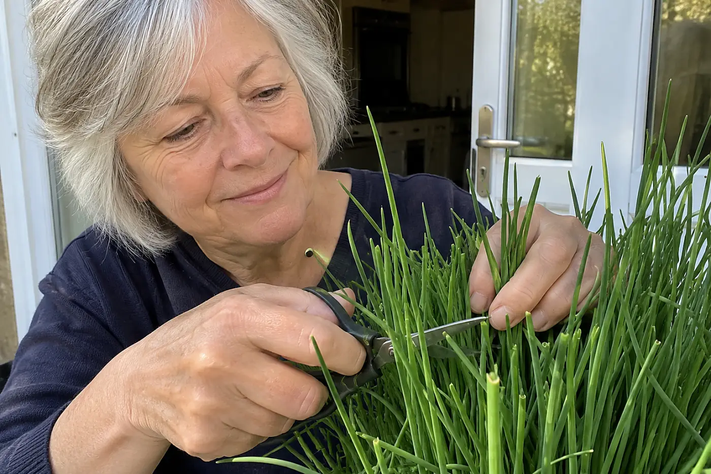 Green chives fill the middle of the frame beside a kitchen door as a woman in her sixties snips a few leaves.