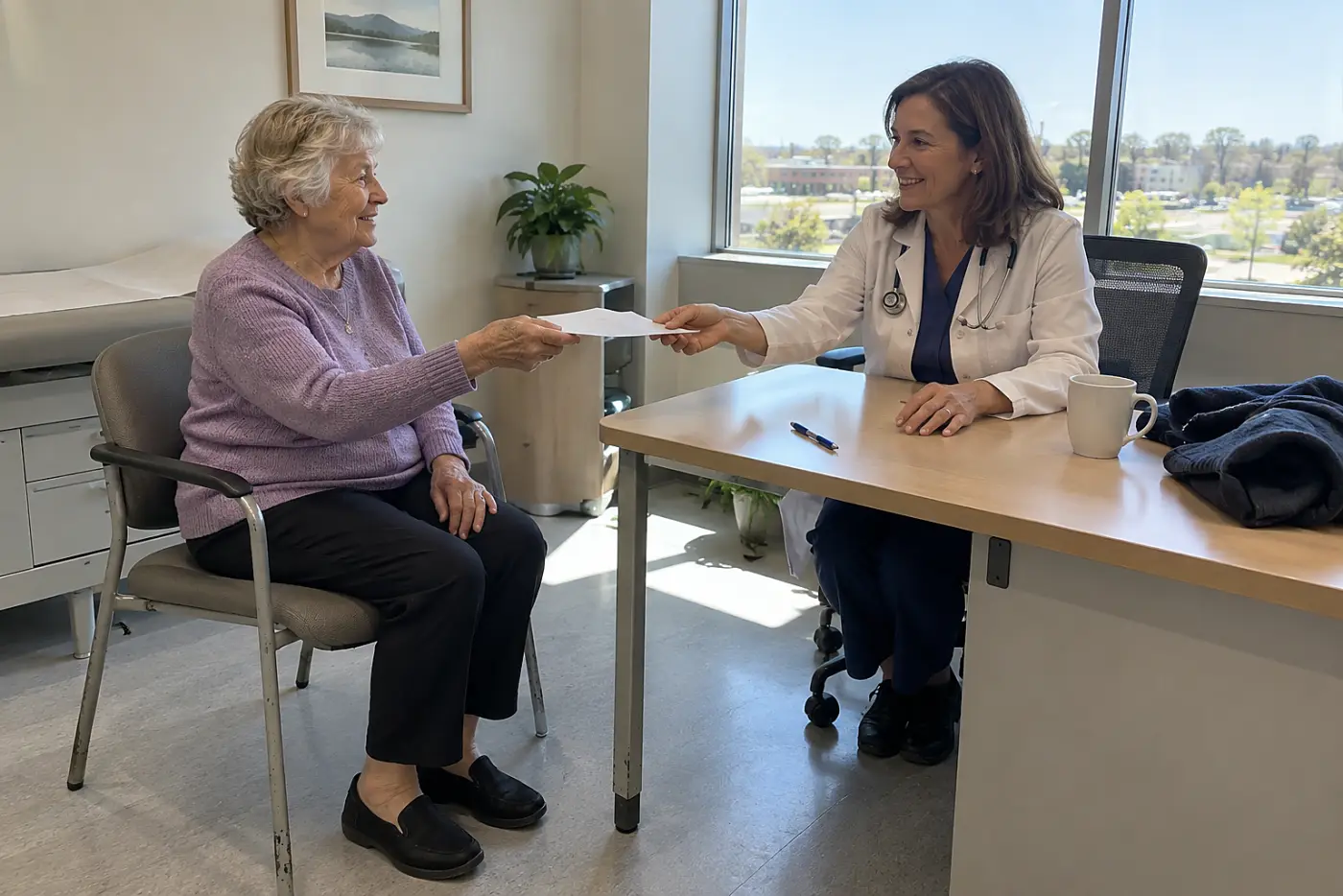Older woman handing her clinician a written list during an office visit.