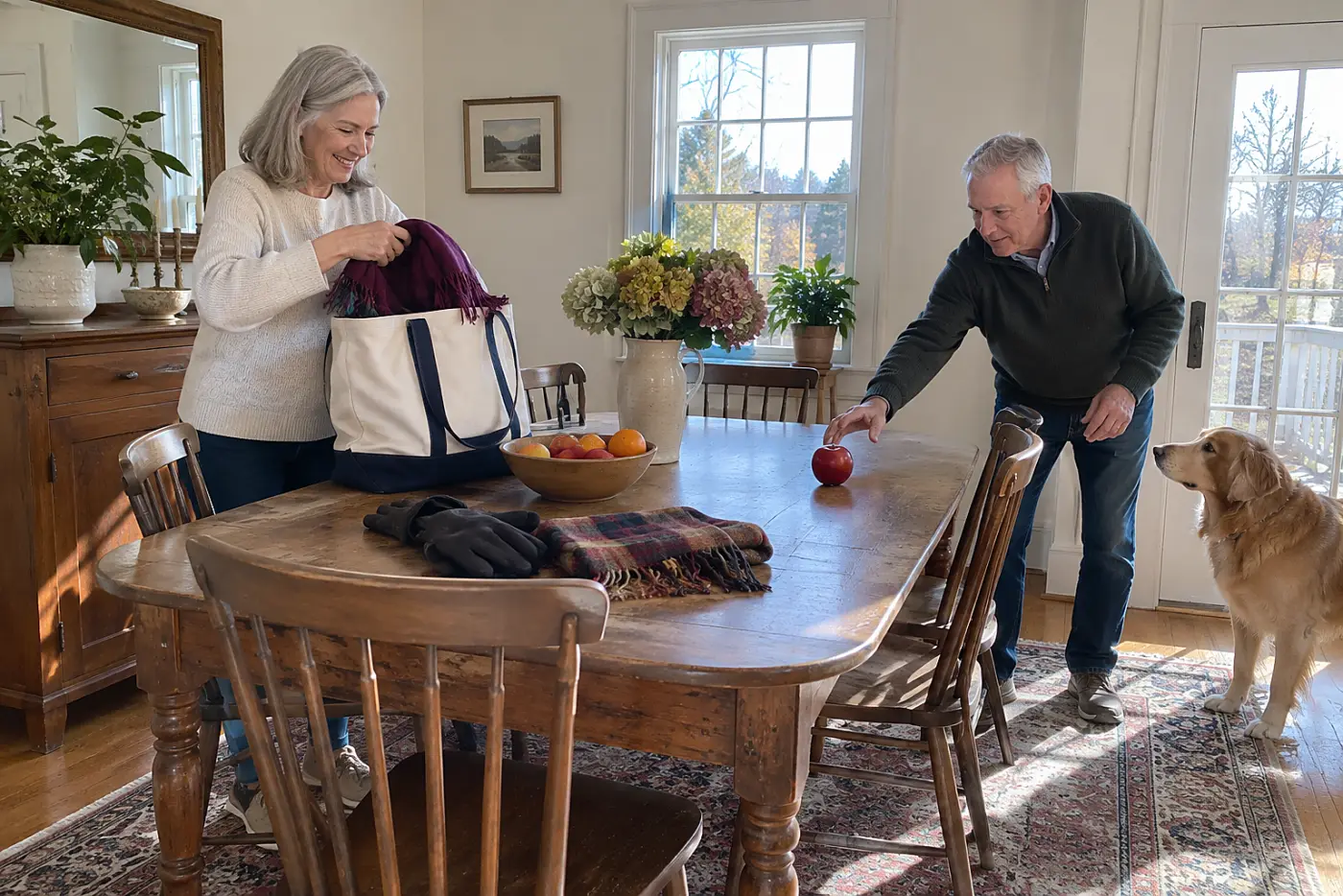 Older woman taking items out of a tote bag on her dining table.
