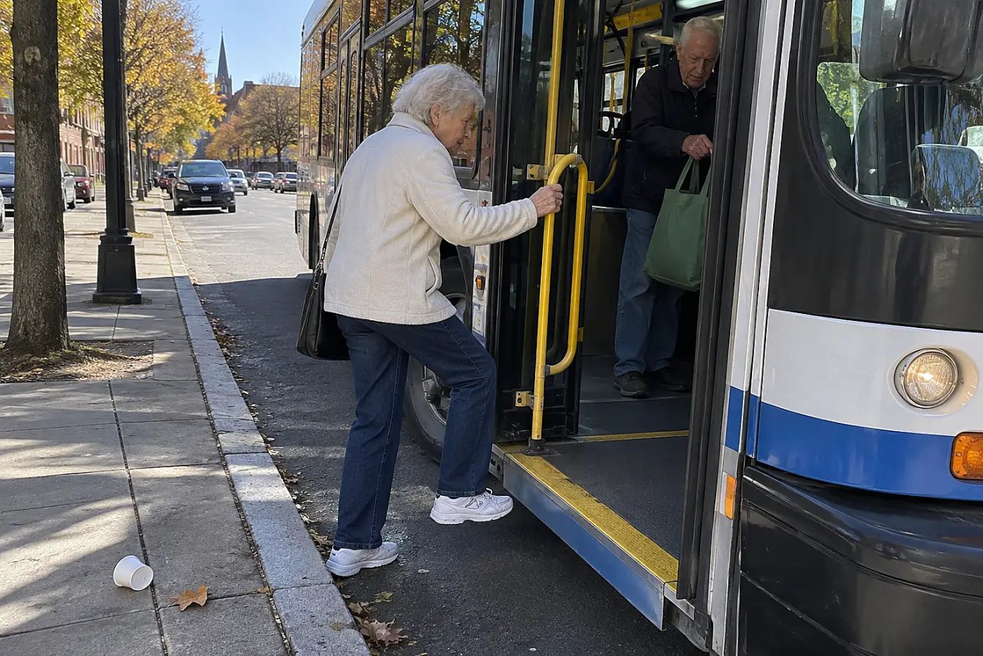 Older woman holding a rail while boarding a city bus.