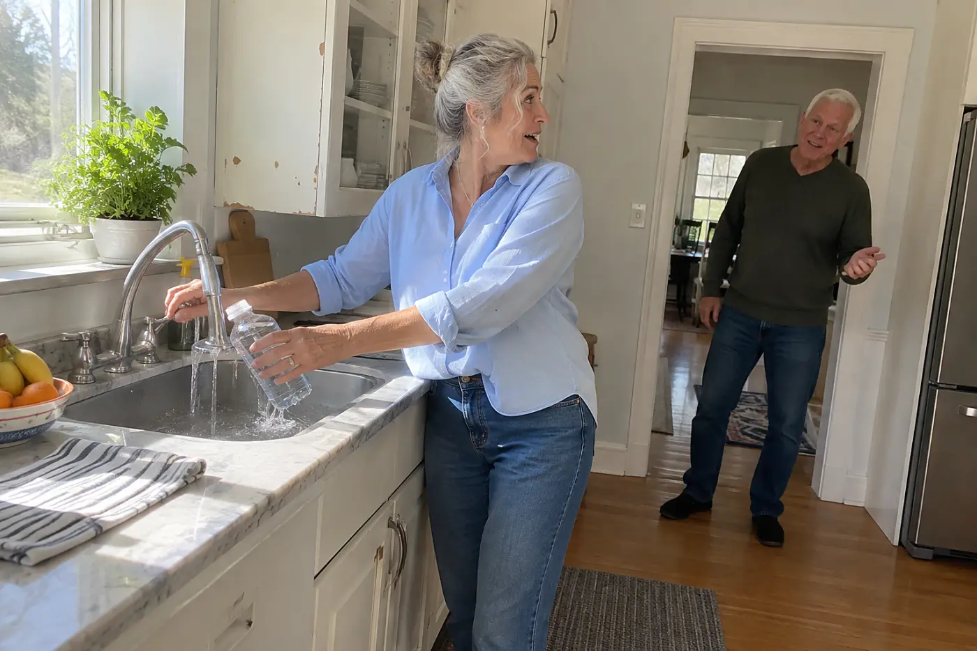 Older woman filling a water bottle before leaving her kitchen.