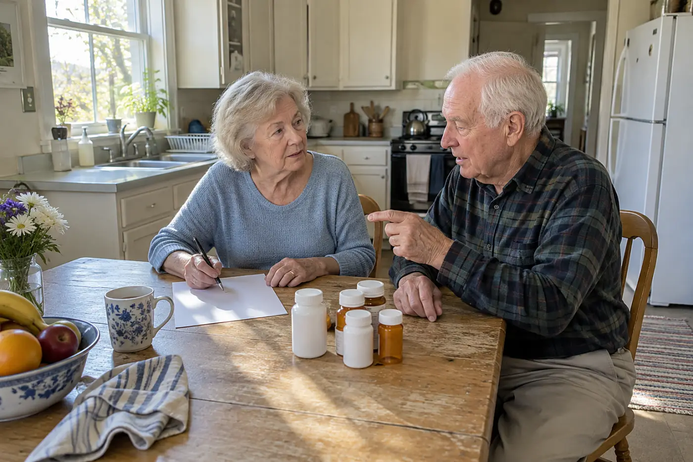 Older woman making a medicine list beside pill bottles on a kitchen table.