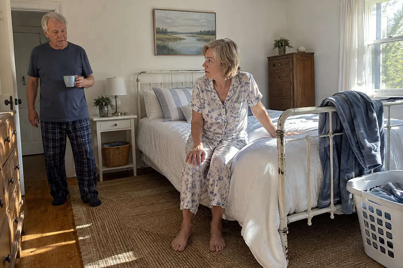 Older woman sitting on the edge of her bed after turning her head.